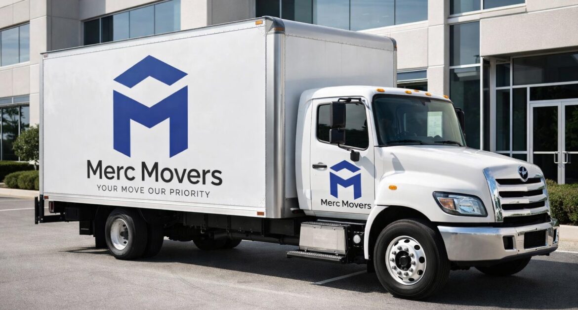 Merc Movers moving truck branded with company logo, representing professional movers in London, Ontario.