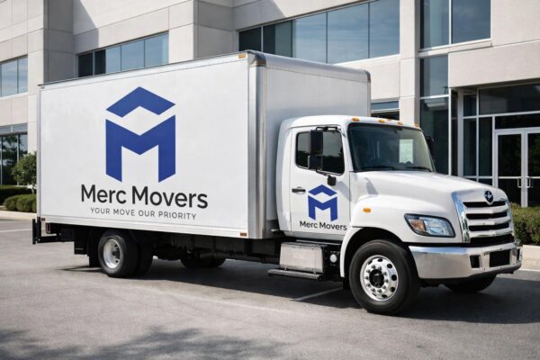 Merc Movers moving truck branded with company logo, representing professional movers in London, Ontario.