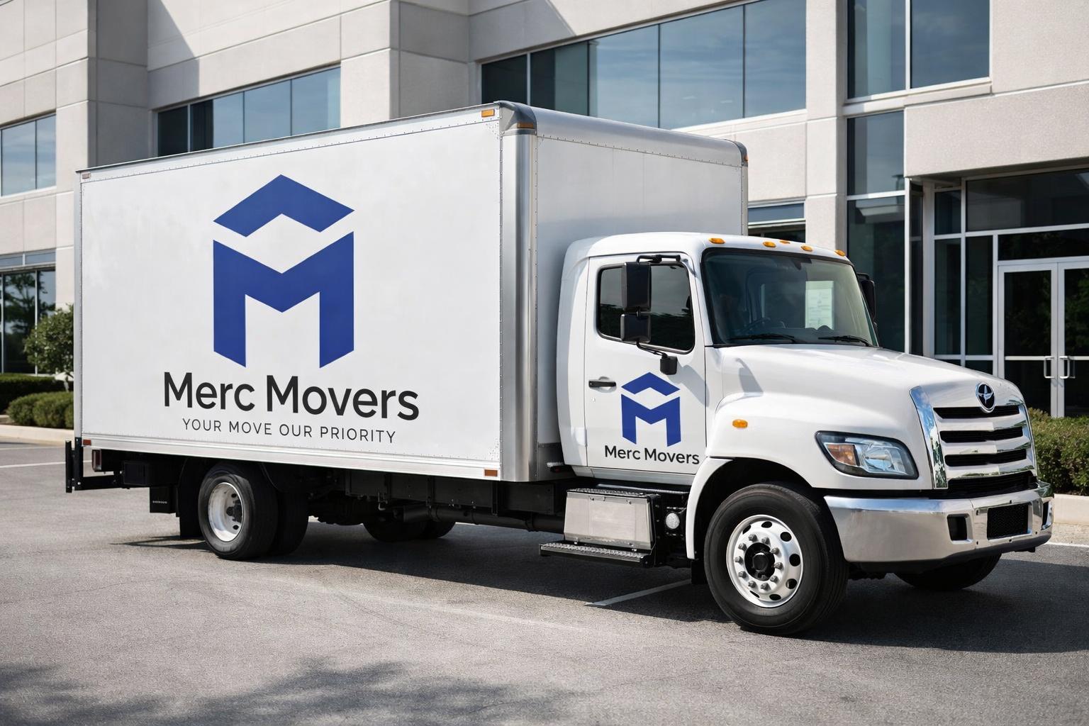 Merc Movers moving truck branded with company logo, representing professional movers in London, Ontario.