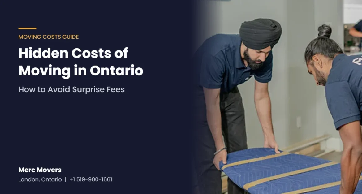 Merc Movers crew wrapping furniture in a moving blanket, with text on the hidden costs of moving in Ontario