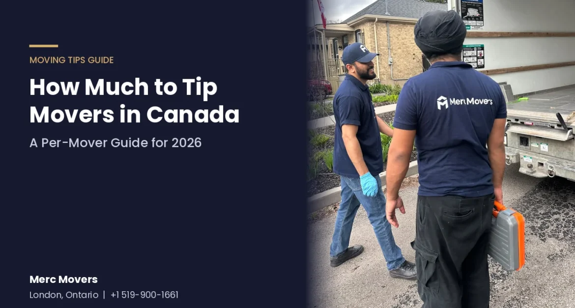 Merc Movers crew walking to an open moving truck, with text on how much to tip movers in Canada