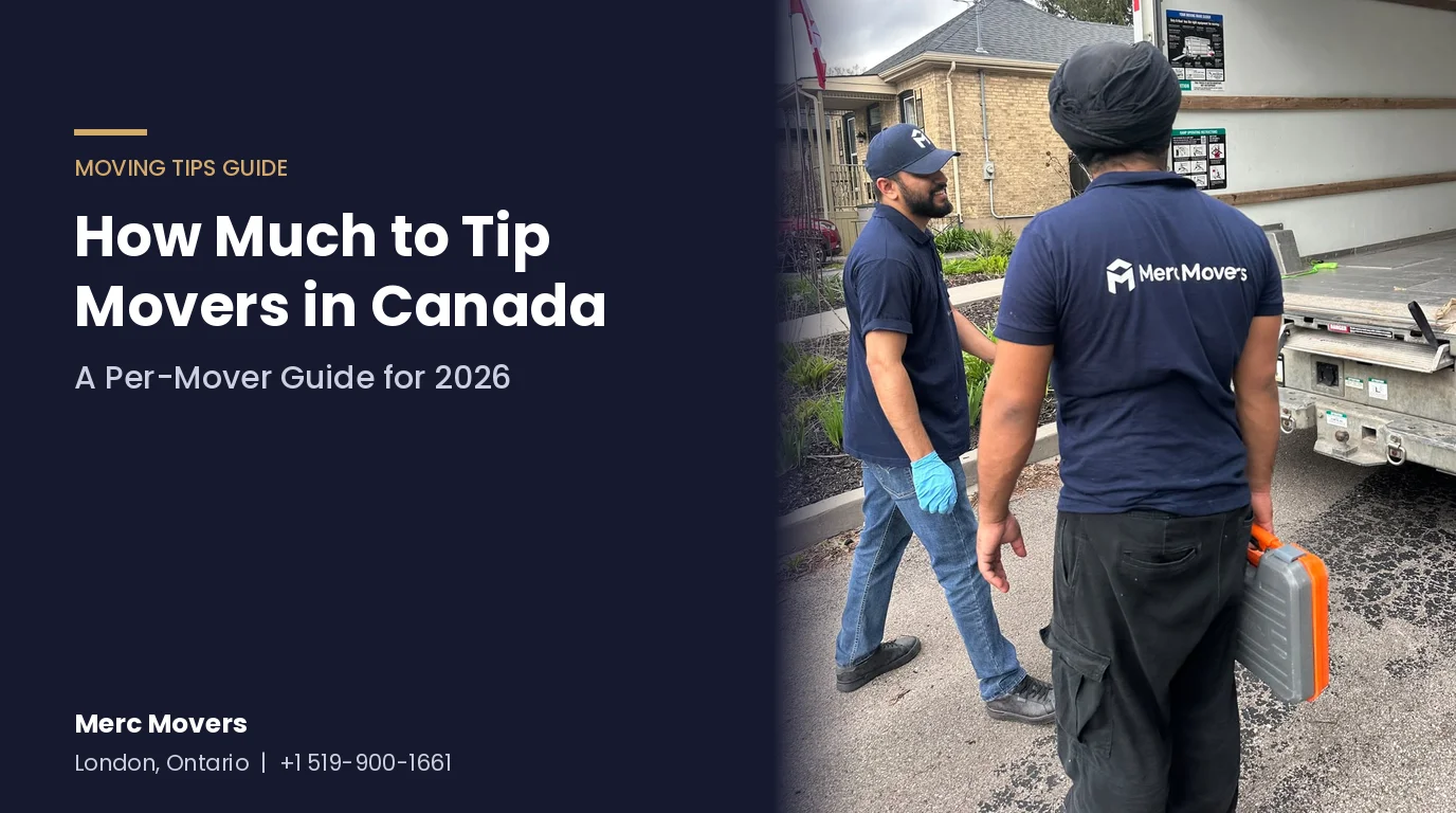 Merc Movers crew walking to an open moving truck, with text on how much to tip movers in Canada