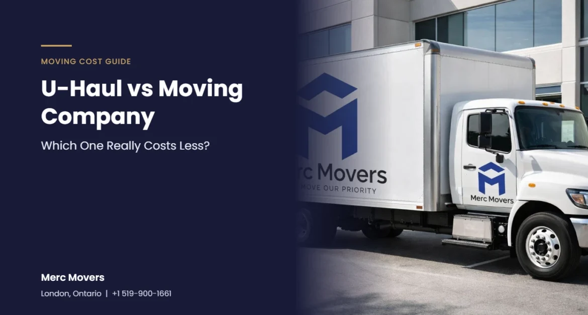 Merc Movers branded moving truck, with text comparing U-Haul vs hiring a moving company