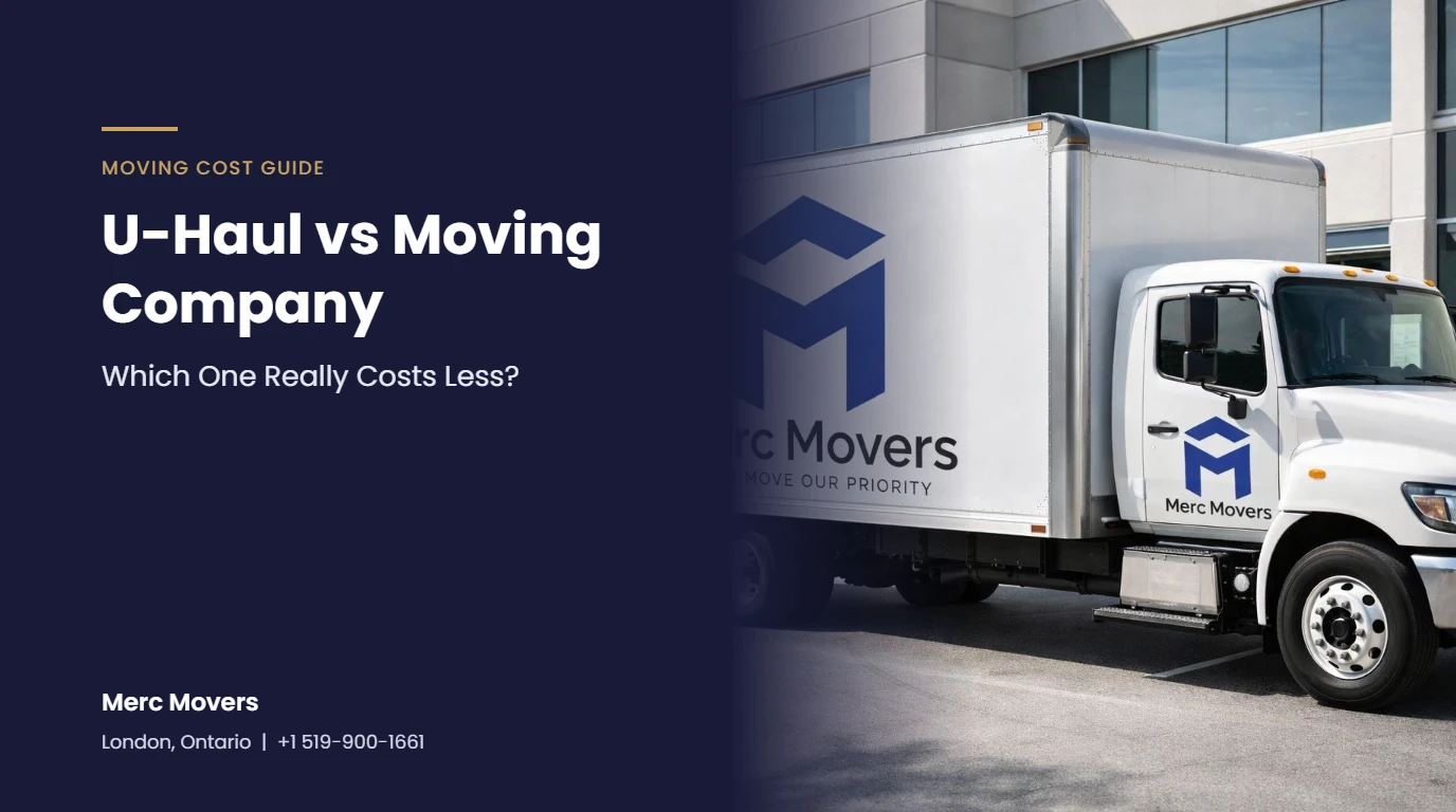 Merc Movers branded moving truck, with text comparing U-Haul vs hiring a moving company